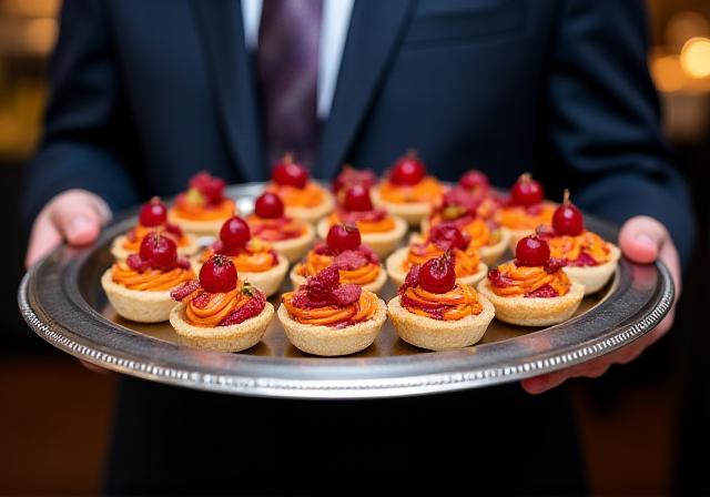 Assorted luxury canapés being served on a silver tray