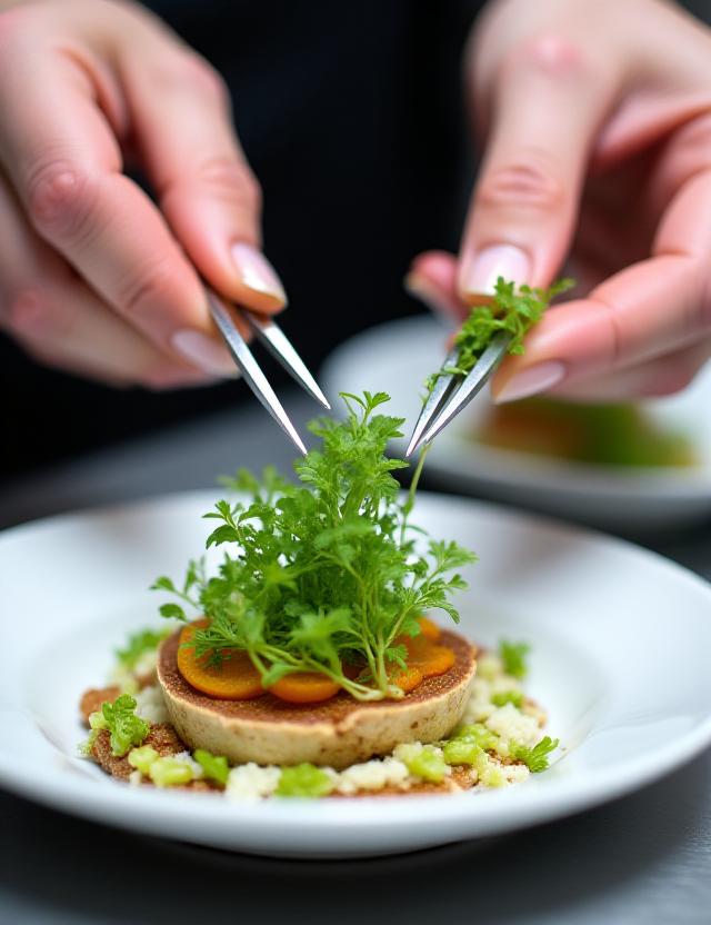 Chef meticulously arranging microgreens on a starter course