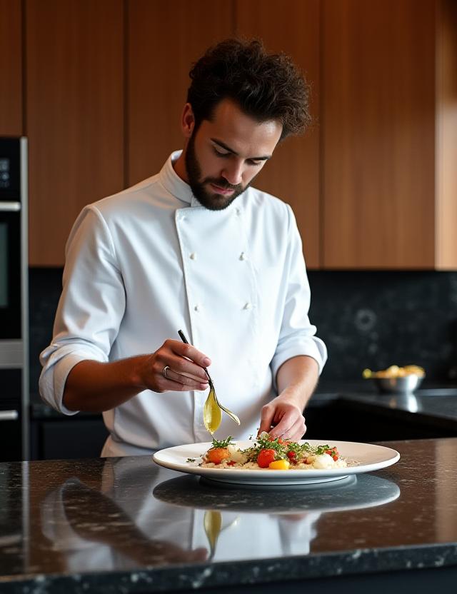 Private chef finishing a dish at a luxury residence