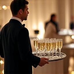 Professional waitstaff serving champagne at a wedding